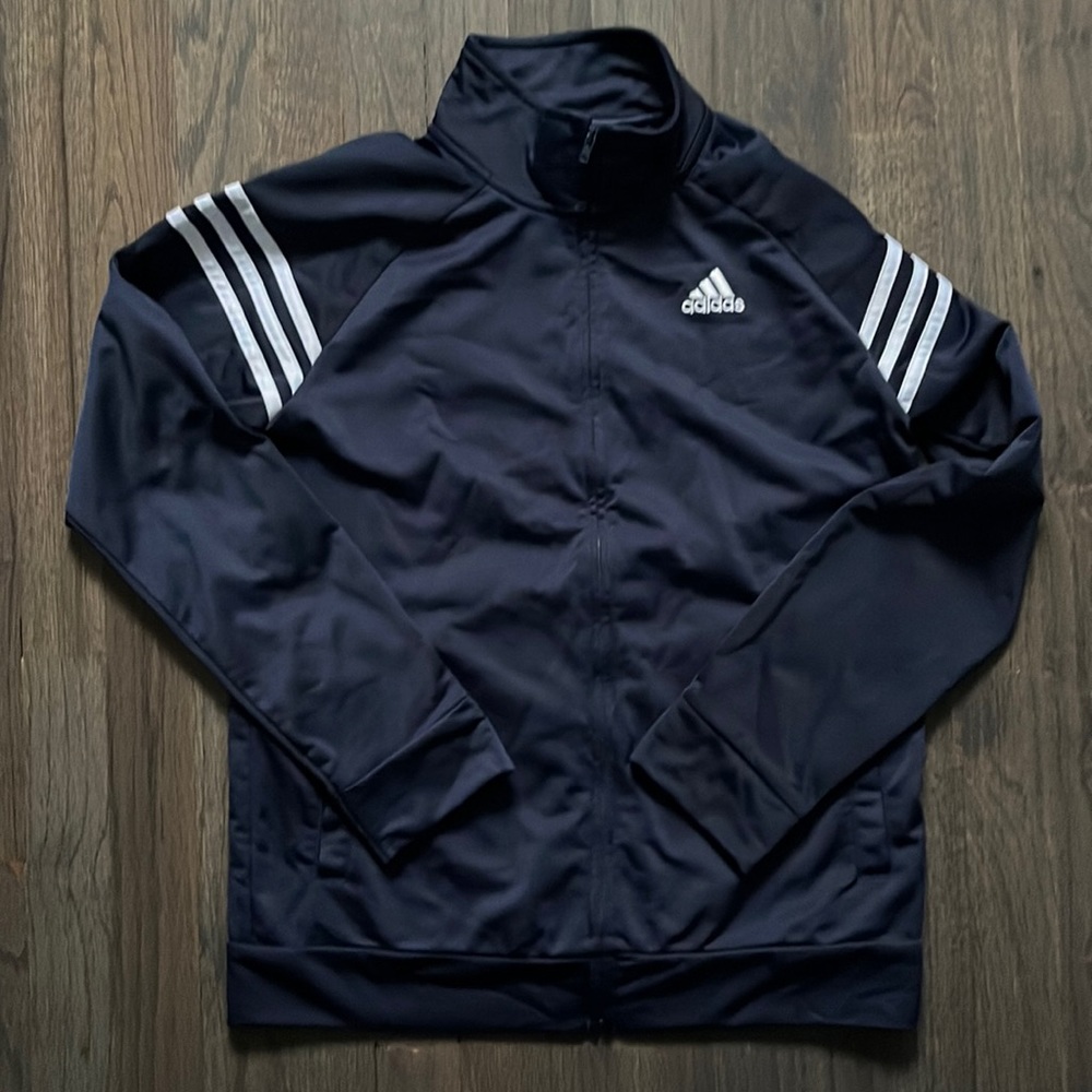 adidas Track Jacket Full Zip Front Pockets Blue White Striped Boys Large 14/16